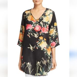 Johnny Was Charlotte Rose Silk Tunic Top Dress Bird Floral Print Scalloped